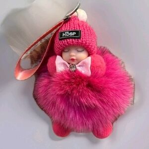 Baby Sleeping Keychain/ Bag Charm With LOVE Tag, Faux Plush Rabbit Fur-Magenta